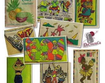 30 Badges vintage, sew-on woven badge, washable, drycleanable,