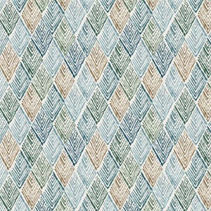 Peut inclure: Un motif sans couture présentant un design géométrique de diamants qui se chevauchent dans des tons de bleu, de vert et de brun. Les diamants sont remplis d'un motif hachuré, créant un effet texturé.