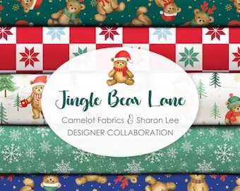 Jingle Bear Lane Fabric Bundle Camelot Fabrics, 6 Christmas Quilting Cotton Fat Quarters, Holiday Teddy Bear Snowflake Checked Precuts