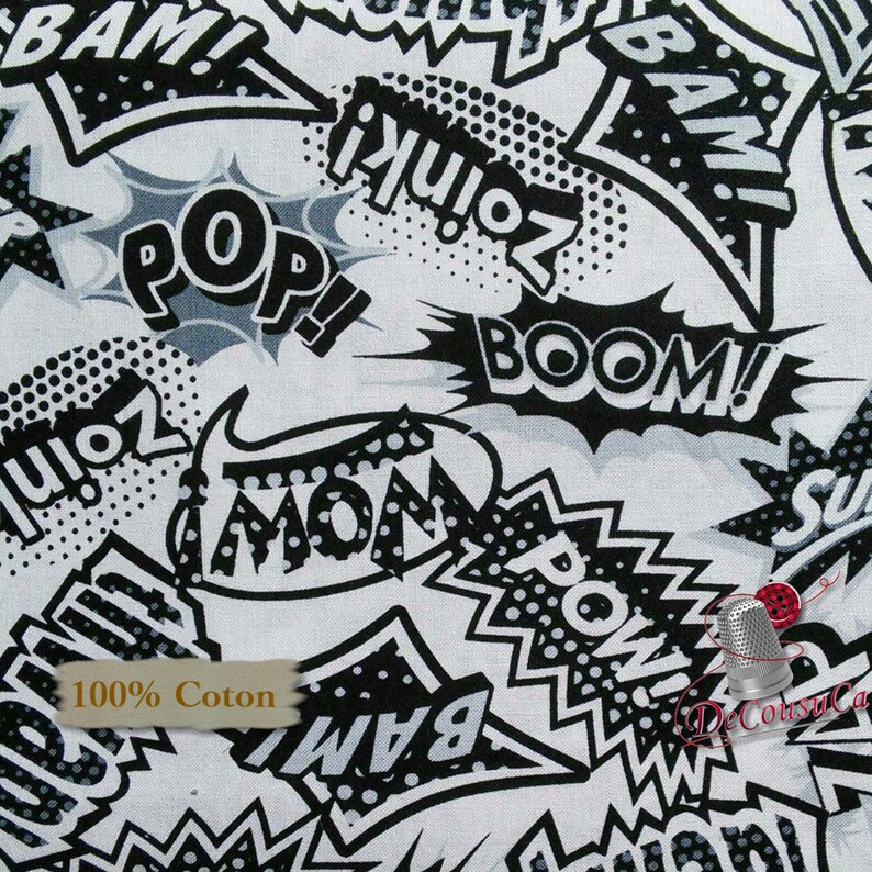 multiple quantity cut in one piece 100/% Cotton 3875 Super H\u00e9roes Wow Studio E White Black