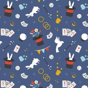 May include: A whimsical pattern on a navy blue background featuring magic-themed illustrations. Includes top hats with rabbits, playing cards, dice, doves, wands, and gold rings. The design also incorporates flowers, cups, and colorful bunting.
