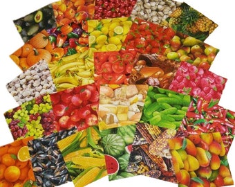 FRUIT & VEGETABLE COTTON, 26-104 squares 2 1/2", 5" or 10", Pre-Cut cotton