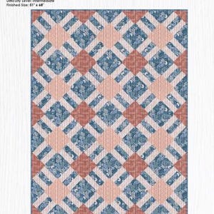 May include: A Cracker Lattice Quilt with a geometric pattern. The quilt features a design of alternating squares and rectangles in shades of blue, peach, and white. Finished size is 51 inches by 68 inches.