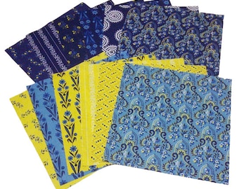 12 or 48 Layer Cake 10"X10", Pre-Cut cotton, BLUE, YELLOW - Somerset de Benartex Fabrics