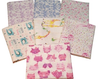 QUILT FABRIC 7 prints, Cat, Giraffe, Flower, 100% cotton - The Girls Collection de Camelot Fabrics