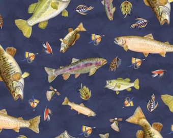 Fabric cotton, CATCH of THE DAY, 55240402, 02, Navy, Quilt Fabrics, 100% cotton, quilt cotton - Fishful Thinking of Camelot Fabrics