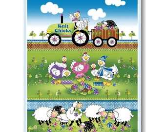 QUILT FABRIC Panel, Sheep, hen, tractor, 100% cotton - Henry Glass & Co