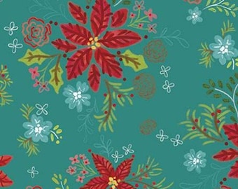 RILEY BLAKE, Snowed In, Christmas fabric 100% cotton, poinsettia, #10811 TEAL