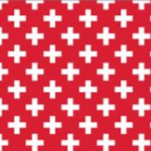 May include: A repeating pattern featuring small white plus signs arranged in a grid formation against a solid red background. The design consists of uniform white crosses evenly spaced across the entire surface, creating a consistent geometric motif.