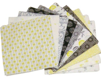 SALE, 42 Squares 5 inchs, Pre-Cut cotton, Gray, Yellow, White - Village Life de Camelot Fabrics