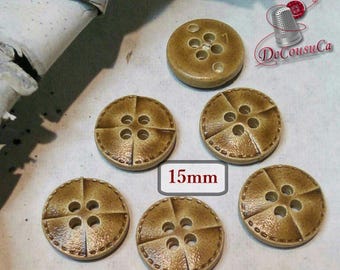 6 buttons, Leather brown light, 15 mm, imitation leather, BM169