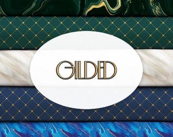Pack of 8, 100% cotton, Metallic ink, quality quilting, cotton designer - Gilded of Camelot Fabrics