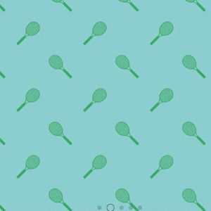May include: A repeating pattern of green tennis rackets on a light blue background. The rackets are evenly spaced and oriented in various directions, creating a dynamic and playful design. The design is suitable for sports-themed products.