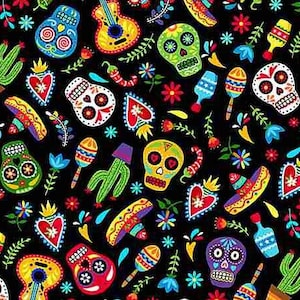 May include: A black background with a colourful pattern of sugar skulls, maracas, cacti, flowers, hearts, and sombreros. The pattern is a traditional Mexican Day of the Dead design.