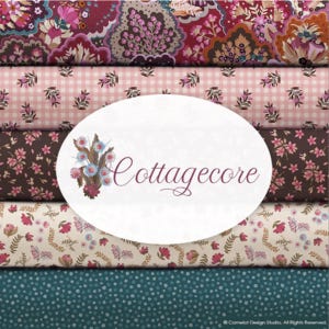 May include: Five stacked bolts of fabric featuring diverse patterns including a deep red floral paisley, a light pink gingham with small floral sprigs, a dark brown floral print, a cream floral pattern, and a teal fabric with tiny white dots.