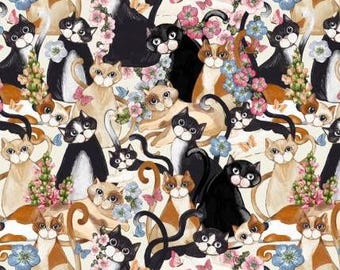 Fabric cotton, PURRING IN PETALS, 49240501, 01, Quilt Fabrics, 100% cotton, quilt cotton - Secret Garden of Camelot Fabrics