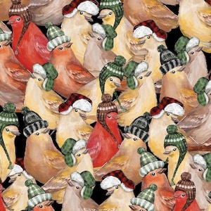 May include: Watercolor illustration of a seamless pattern featuring birds wearing winter hats and ear muffs. The birds are in shades of red, yellow, and brown, with hats in green, black, and red plaid.