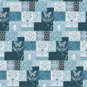 May include: A blue patchwork pattern with various motifs. The design includes butterflies, bees, and floral patterns. The text on the squares reads "Garden Seeds" and "Wildflower Seeds".