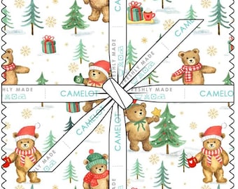 Jingle Bear Lane Layer Cake Camelot Fabrics, 10" Christmas Fabric Squares, Holiday Teddy Bear Quilting Cotton Precuts Sharon Lee