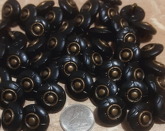 12 Buttons, leather BLACK and bronze, 15mm, rod metal button, sport button, vintage, BM149