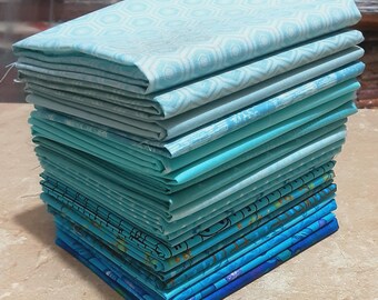 FABRIC COTTON, AQUA, Pack of 20, 100% cotton, Various patterns, quality quilting, cotton designer