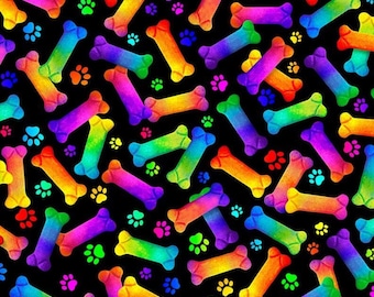 END OF BOLT, Bone Dog, 8835 - Dogs Rule Rainbow of Timeless Treasures, cotton, cotton quilt, cotton designer