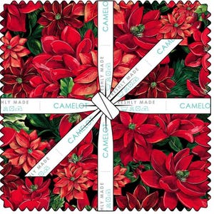 May include: A stack of square fabric pieces featuring a vibrant red poinsettia floral pattern on a black background. The fabric is tied with a white ribbon printed with the text CAMELOT FRESHLY MADE and various laundry care icons.