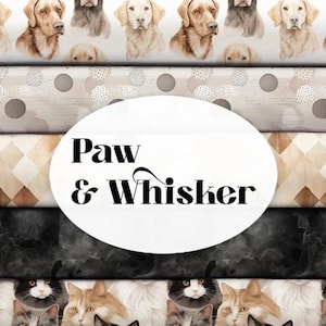 May include: A stack of five fabric rolls featuring diverse patterns including watercolour dog portraits, grey polka dots, beige diamond shapes, a black marble texture, and cat faces. A white oval label in the centre displays the text Paw & Whisker.