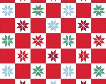 Jingle Bear Lane 98250203 Camelot Fabrics, Red Checkerboard Christmas Fabric, Holiday Block Star Quilting Blender