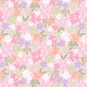 Peut inclure: Motif floral avec des fleurs roses, pêche, blanches et violettes, et des feuilles vertes, sur fond rose clair. Le motif est adapté au tissu ou au papier peint. Le design a une esthétique délicate et féminine.