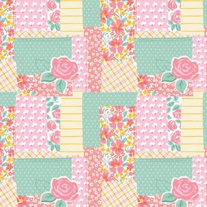 May include: A seamless pattern featuring a patchwork design with various floral prints in shades of pink, yellow, and green. The pattern includes small floral motifs, larger roses, and checkered patterns.