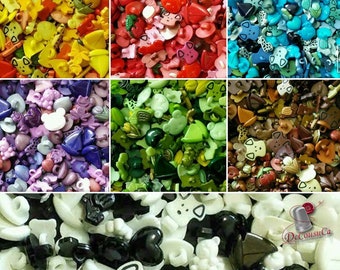 100 Fancy buttons, dog, turtle, tulip, cherry, frog, bear, boat, heart, etc.