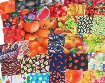 SALE, 42 squares 4 inchs or 5 inchs, FOOD fabrics, Pre-cuts fabric