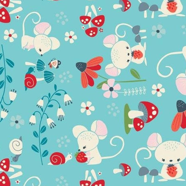 Mouse, mushroom, turquoise background, 61190301, col 01, Enchanted Forest, Camelot Fabrics, 100% Cotton