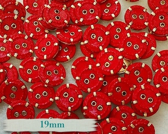 6 buttons, Red and golden, 19mm, (3/4 inch), 2 holes, plastic, resin, BM19