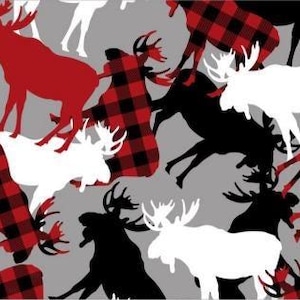 May include: A repeating pattern featuring moose silhouettes in red, black, white, and red plaid on a grey background. The moose are in various poses, some with antlers, creating a dynamic and visually interesting design.