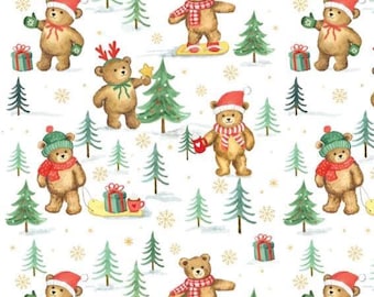 Jingle Bear Lane 98250201 Camelot Fabrics, Christmas Teddy Bears Fabric by the Yard, Holiday Pine Trees White Quilting Cotton Sharon Lee
