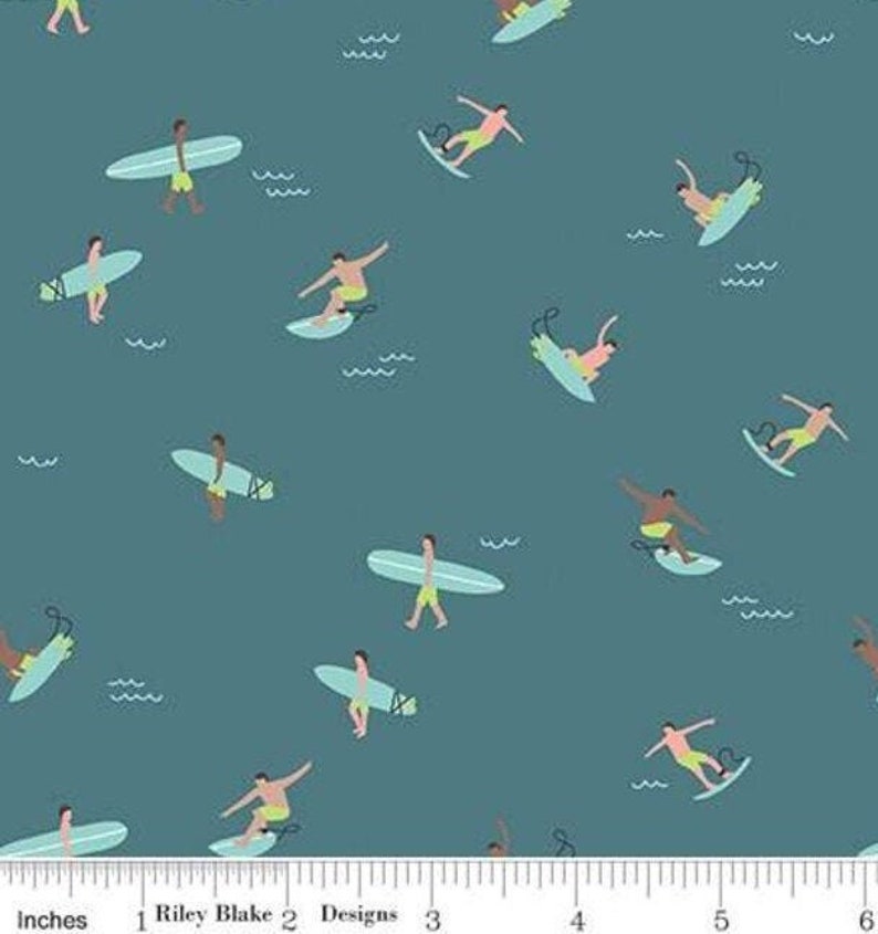 RILEY BLAKE, Surfers, Surboards, Teal, Riptide, 10303, cotton quilt, cotton designer image 1