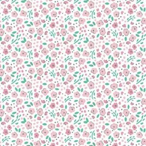 Peut inclure: Motif floral répété avec de petites fleurs roses et des feuilles vertes sur fond blanc. Le motif présente différentes nuances de rose et de petits points, créant une esthétique délicate et féminine. Idéal pour tissu ou papier peint.