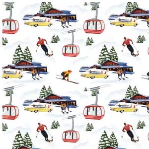 May include: A repeating pattern featuring a winter ski resort scene with red cable cars, yellow vintage cars, skiers in red tops and black trousers, and dark green pine trees against a white background. The illustration includes a lodge building.