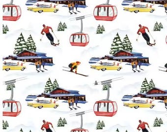 Camelot Fabrics Après-Ski White Ski Resort 100% Cotton Quilt Fabric, Tissu Coton Courtepointe Motif Station de Ski Rétro Blanc 19010302-01
