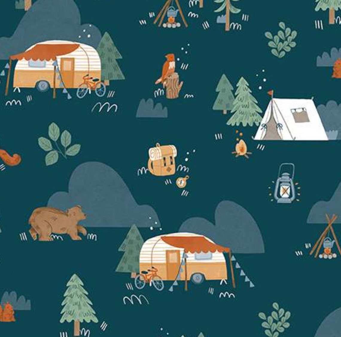 RILEY BLAKE Fabric Camping Pattern 100 Cotton 10460 NAVY Etsy