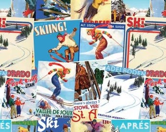 Camelot Fabrics Après-Ski Vintage Ski Posters 100% Cotton Quilt Fabric, Retro Saturday Evening Post Print 19010301