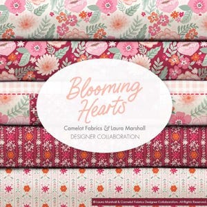 May include: A selection of floral fabric patterns in pink, red, and green hues. The fabrics showcase diverse floral designs, including poppies and other blooms. The image includes the text "Blooming Hearts" and the designer's name.