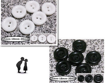 6 Buttons, WHITE, BLACK, 15mm, 18mm or 20mm, glossed, 2 holes, vintage button, BTN 50A