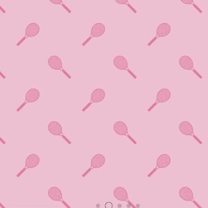 May include: A repeating pattern of pink tennis rackets on a light pink background. The rackets are a darker shade of pink and are evenly spaced across the image, creating a playful and sporty design.