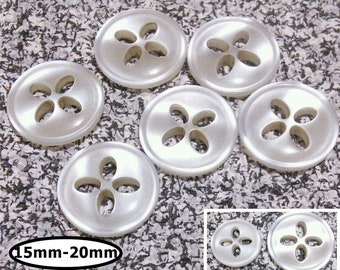 6 Buttons, 15mm and 20mm, WHITE, button pearly, button 4 holes, button decorative, resin, button Vintage, BTN 77A
