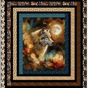 May include: A quilted wall hanging featuring a detailed image of a wolf in a forest setting under a full moon. The artwork is framed with multiple borders in shades of brown, black, and tan, with a patterned edge.