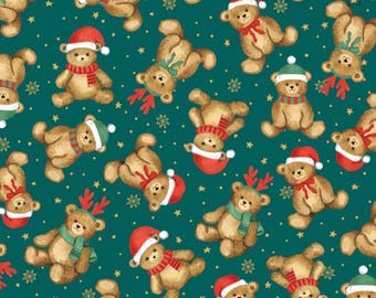 Jingle Bear Lane 98250202-01 Teddy Bear Christmas Camelot Fabrics, Teal Green Fabric by the Yard, Holiday Quilting Cotton Sharon Lee