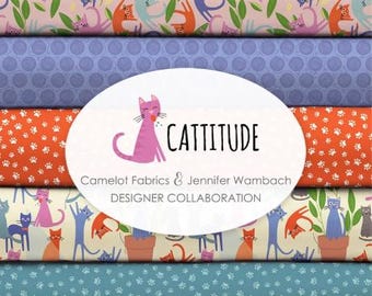 Pack of 8, CAT ATTITUDE, 100% cotton, quality quilting, cotton designer - Cattitude of Camelot Fabrics